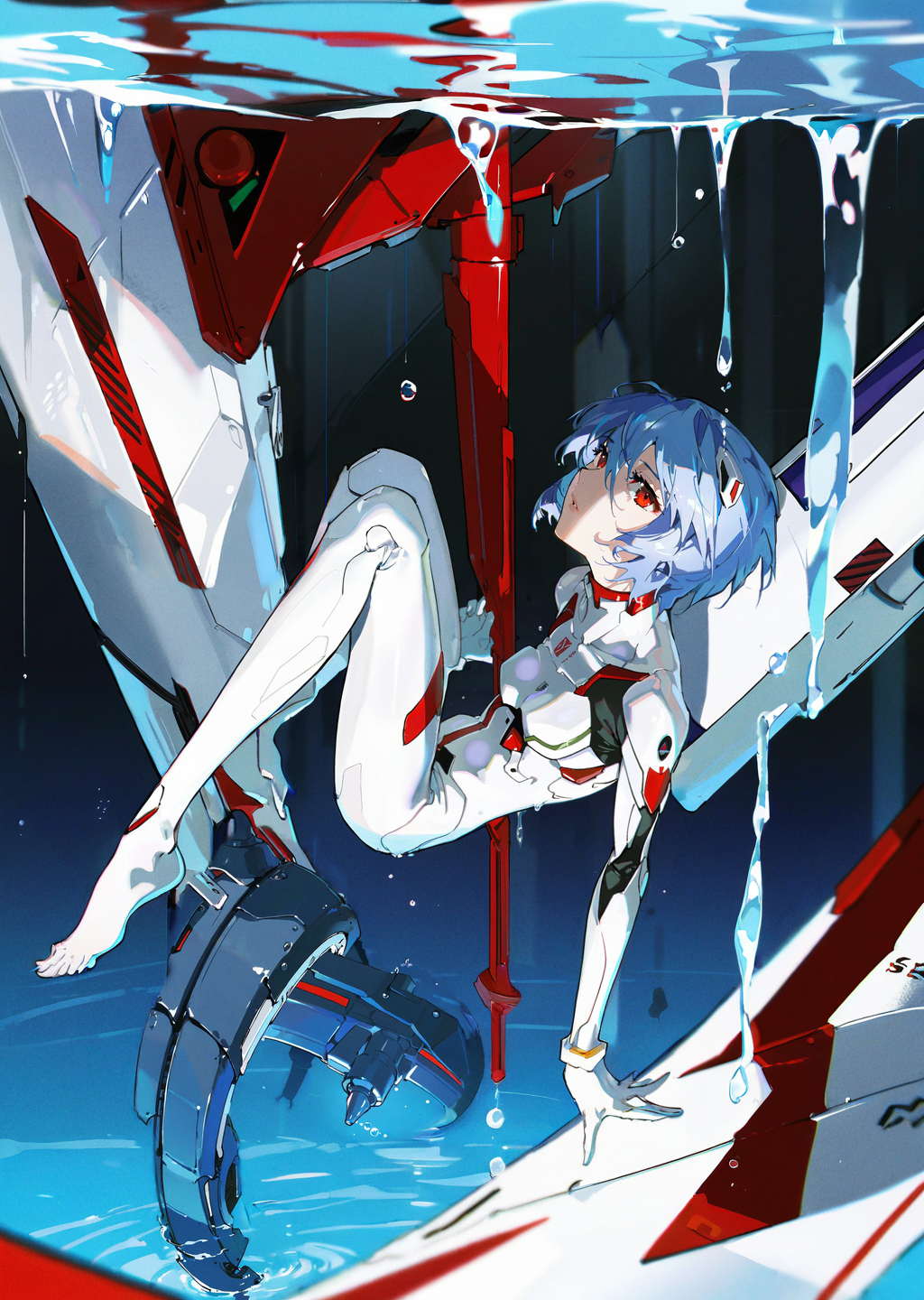 by yoneyama mai , by dino 
 best quality, masterpiece, detailed, aesthetic, 
1girl, solo, blue hair, ayanami rei,  red eye...